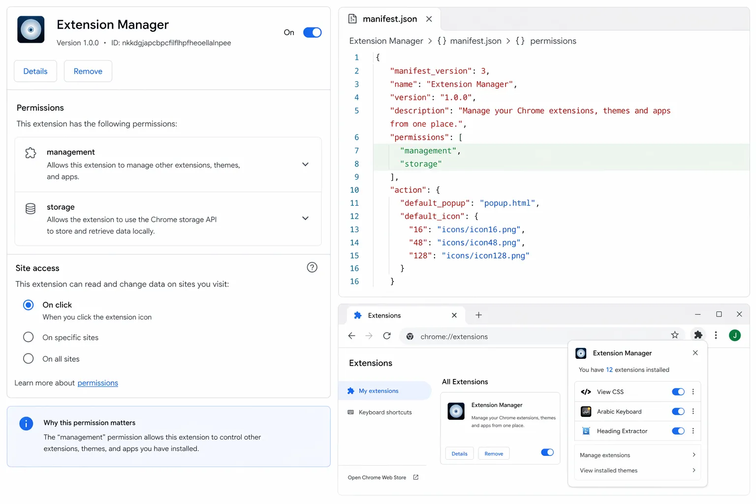 Screenshot: Extension Manager manifest